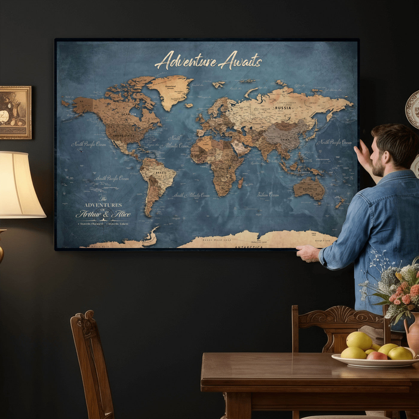 14637271-MGV-CV-36X24 - Custom Push Pin World Map Canvas | Personalized Travel Tracker | Wedding Anniversary Gift for Couples | Adventure Map Wall Art with Pins