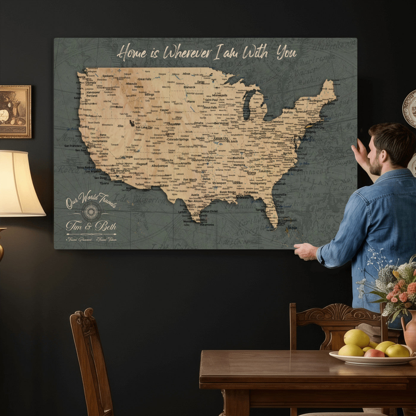 41270900-MGV-CV-36X24 - Custom Push Pin US Map Canvas | Personalized Travel Tracker | USA Cities Map Anniversary Gift for Couples | Adventure America Map Wall Art with Pins