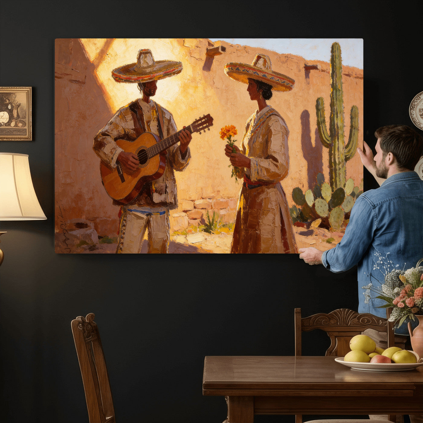 41849005-MGV-CV-36X24 - Mexican Couple Canvas Wall Art, Romantic Serenade Guitar Painting Print, Southwestern Desert Adobe Decor, Warm Golden Folk Art, Living Room Art