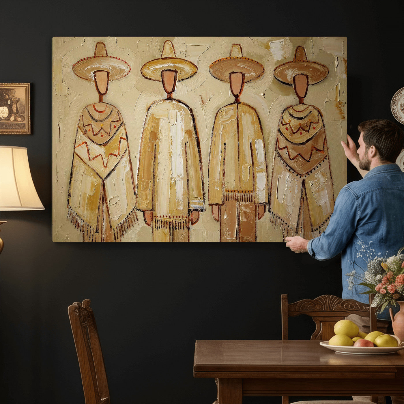 46071653-MGV-CV-36X24 - Mexican Folk Art Canvas Wall Art, Charro Poncho Sombrero Painting Print, Neutral Beige Boho Decor, Southwestern Impasto Style, Living Room Art