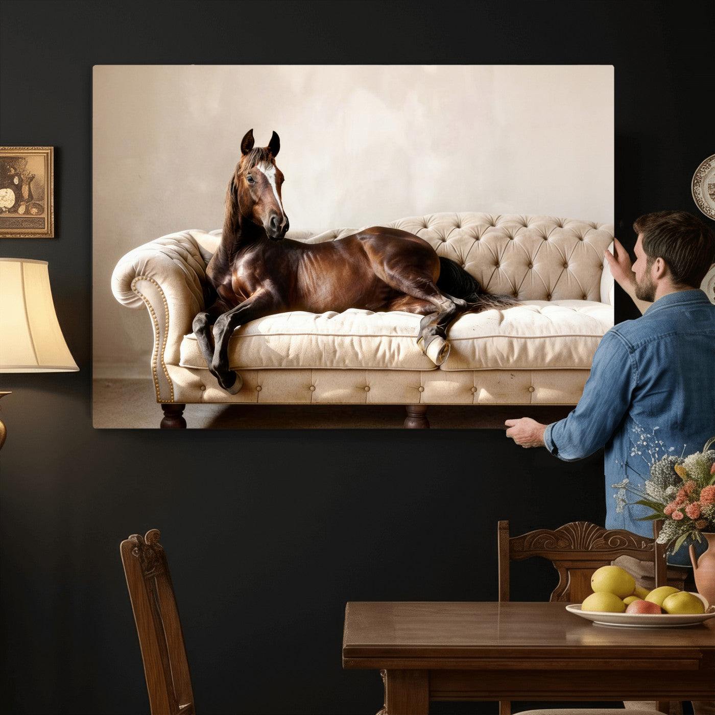 17716841-MGV-CV-36X24 - Funny Horse on Sofa Canvas Wall Art, Quirky Horse Lounging Photo Print, Whimsical Animal Decor, Living Room Conversation Art, Horse Lover Gift