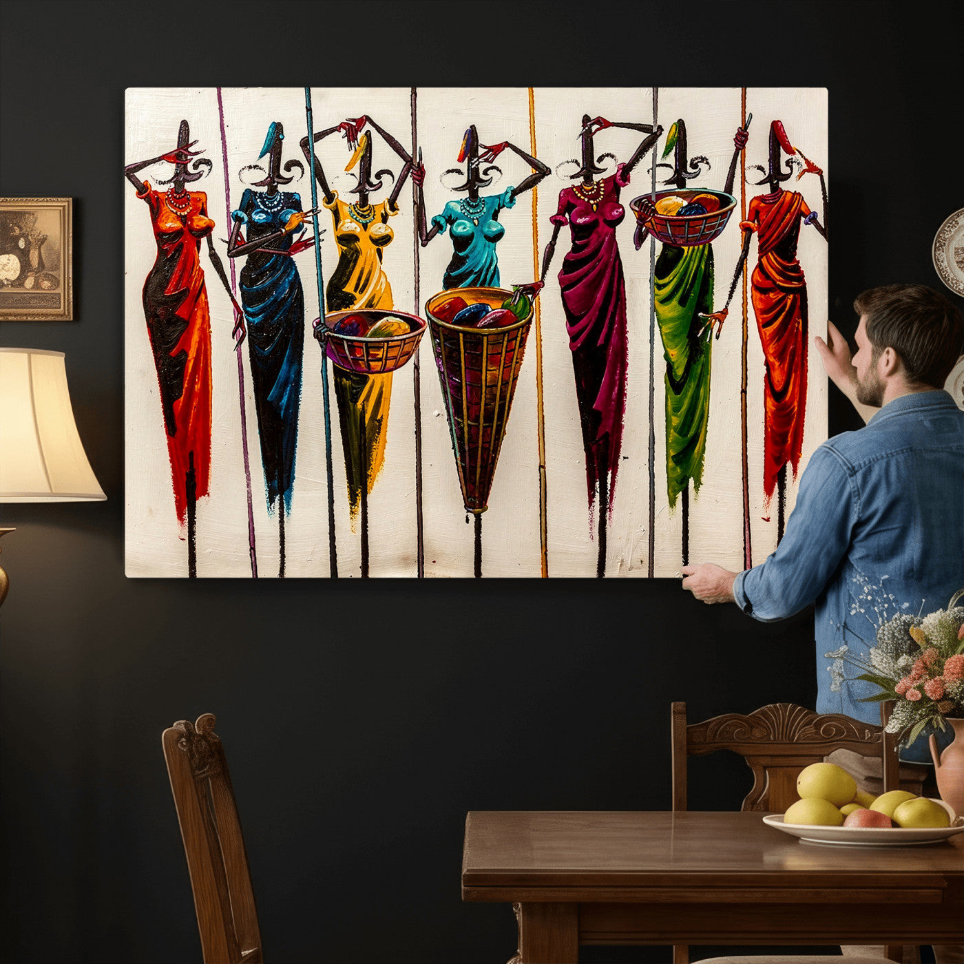 53545627-MGV-CV-36X24 - African Folk Art Canvas Wall Art, Colorful African Women Village Painting Print, Tribal Ethnic Home Decor, Vibrant African Art, Living Room