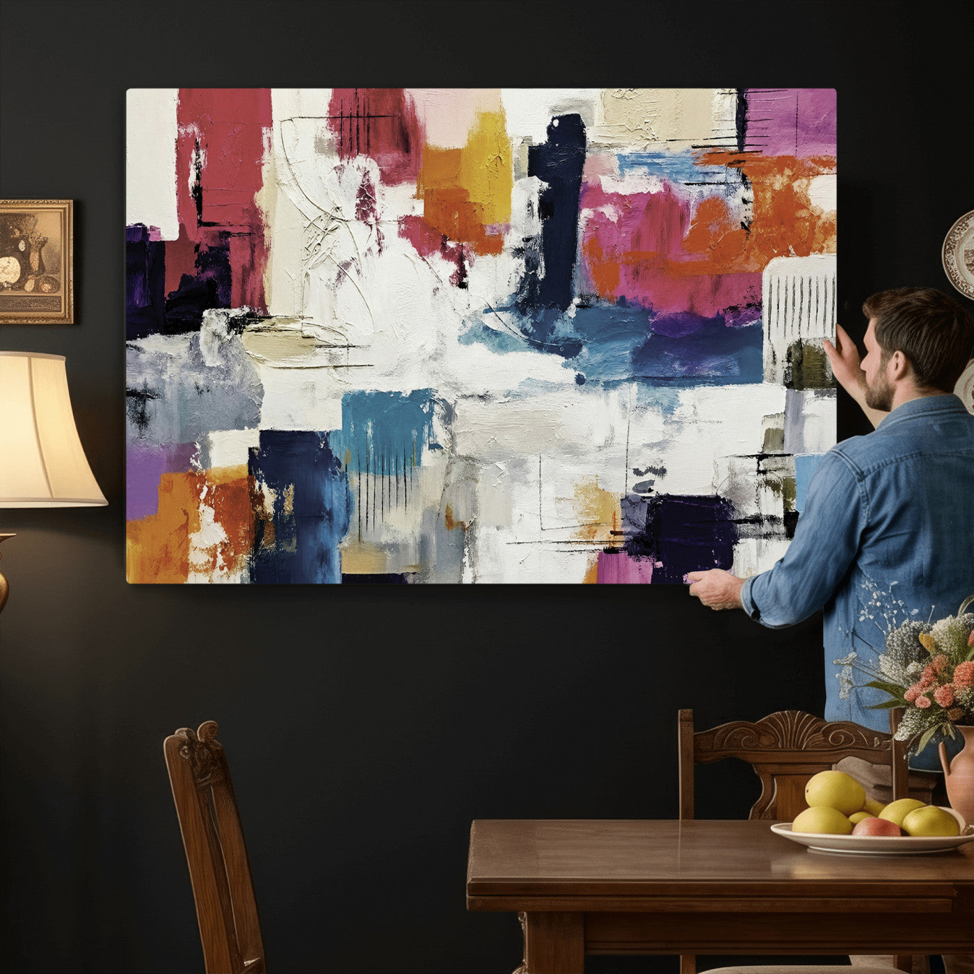 57864023-MGV-CV-36X24 - Blue Teal Abstract Canvas Wall Art, Modern Textured Painting Print, Navy Orange White Contemporary Art, Neutral Living Room Decor, Office Art