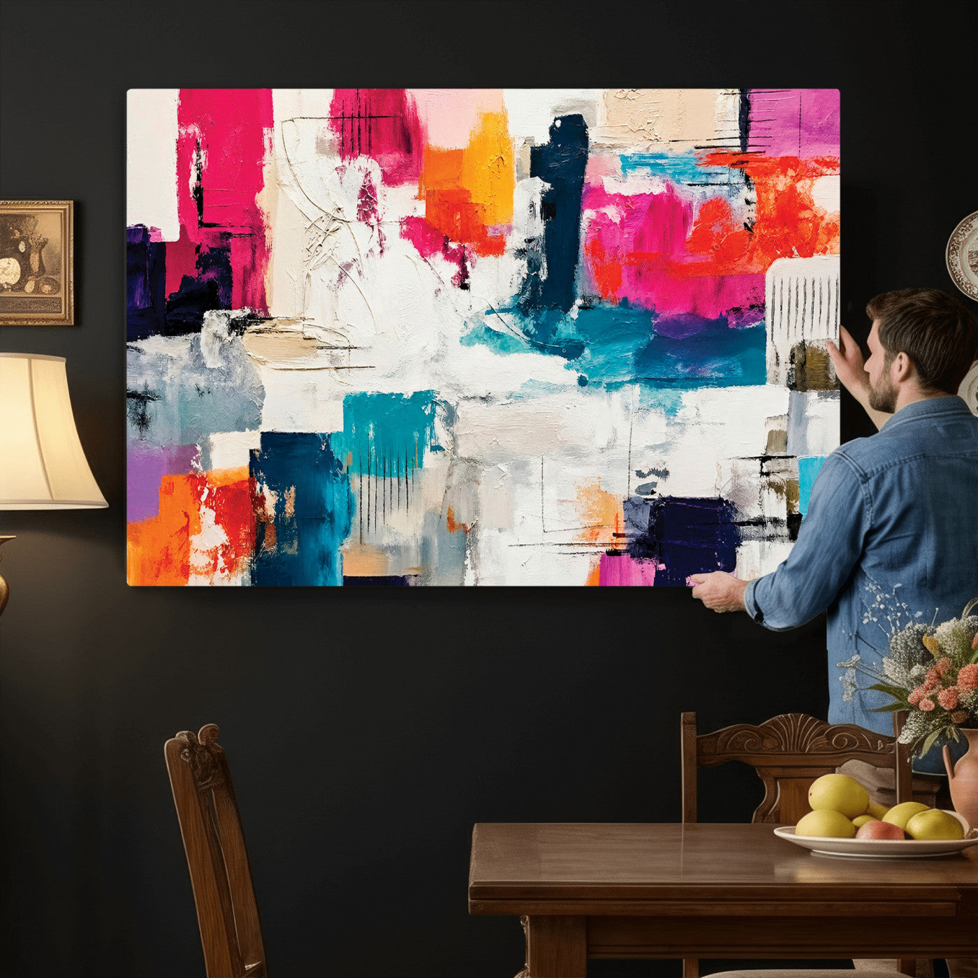 57864023-MGV-CV-36X24 - Blue Teal Abstract Canvas Wall Art | Modern Textured Painting Print, Navy Orange White Contemporary Art, Neutral Living Room Decor, Office Art
