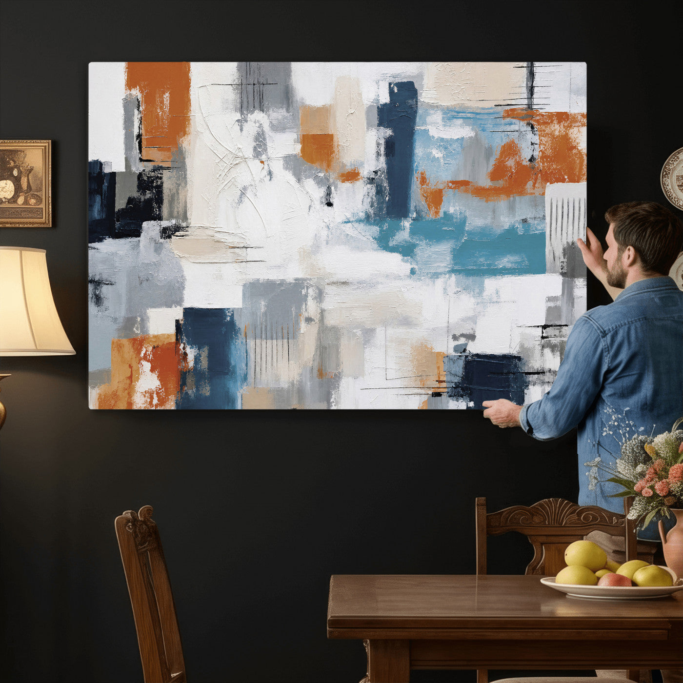44950303-MGV-CV-36X24 - Blue Teal Abstract Canvas Wall Art, Modern Textured Painting Print, Navy Orange White Contemporary Art, Neutral Living Room Decor, Office Art