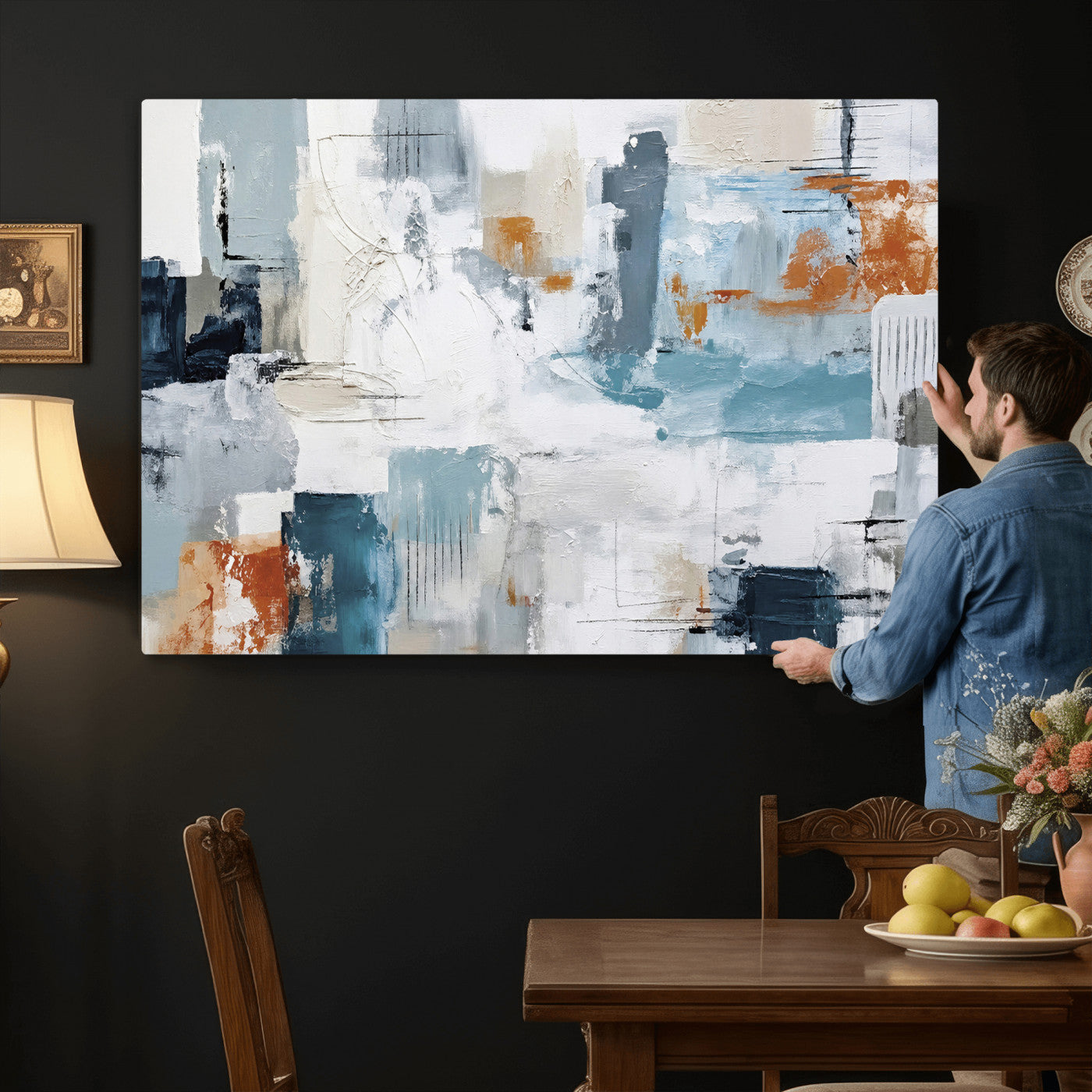 98638479-MGV-CV-36X24 - Blue Teal Abstract Canvas Wall Art, Modern Textured Painting Print, Navy Orange White Contemporary Art, Neutral Living Room Decor, Office Art