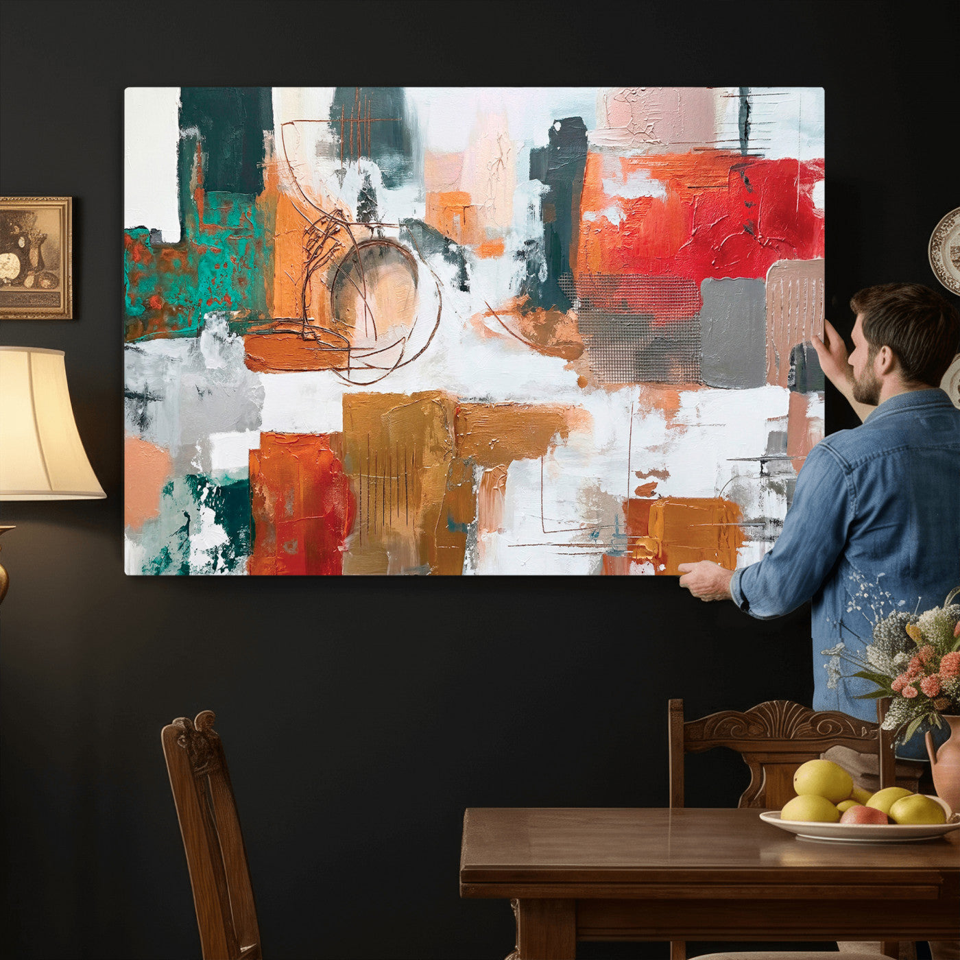 50720312-MGV-CV-36X24 - Blue Teal Abstract Canvas Wall Art | Modern Textured Painting Print, Navy Orange White Contemporary Art, Neutral Living Room Decor, Office Art.