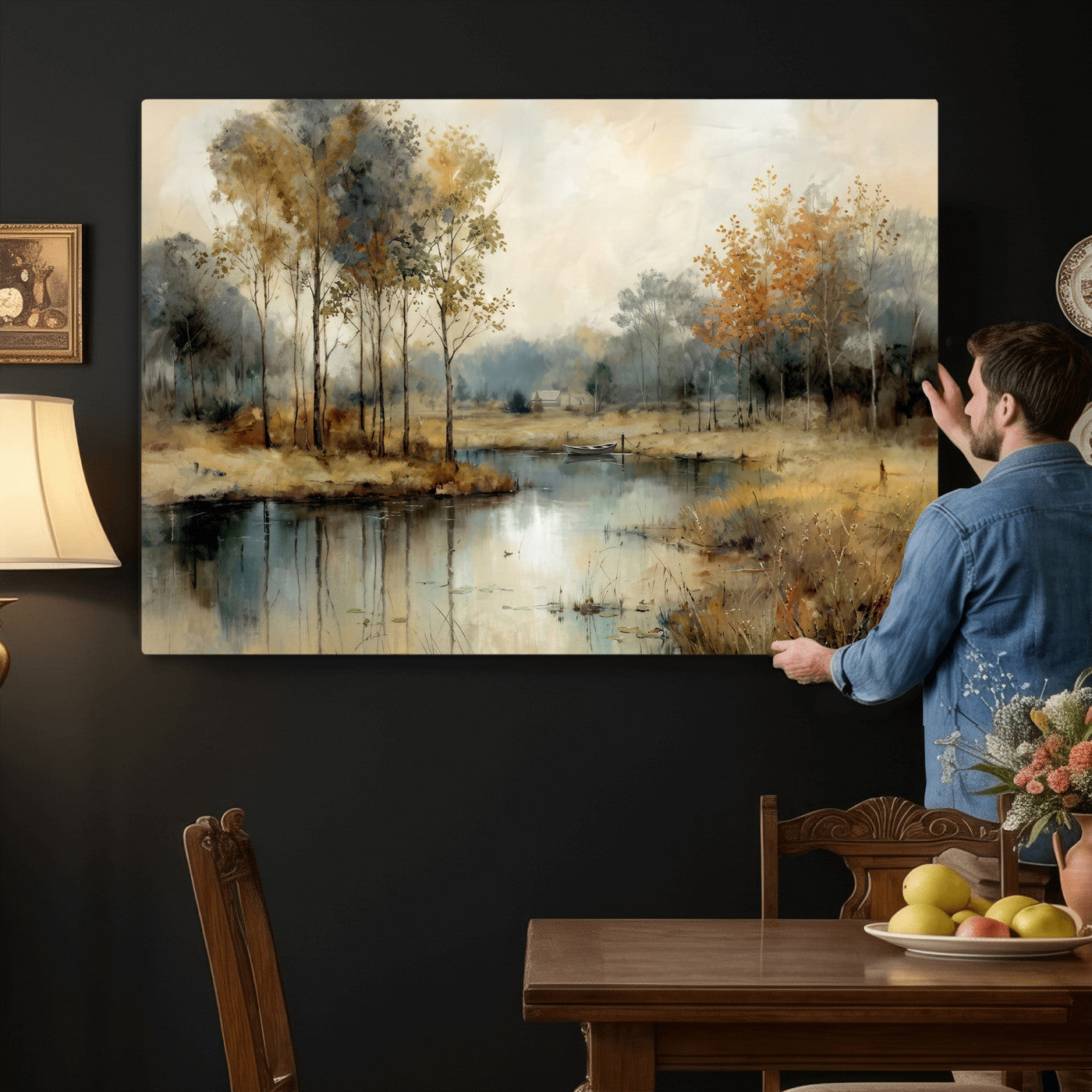 74391095-MGV-CV-36X24 - Abstract WatercolorAutumn Lake Canvas Wall Art Print, Misty Forest Landscape, Rustic Nature Painting, Cabin Wall Decor | Ready to Hang