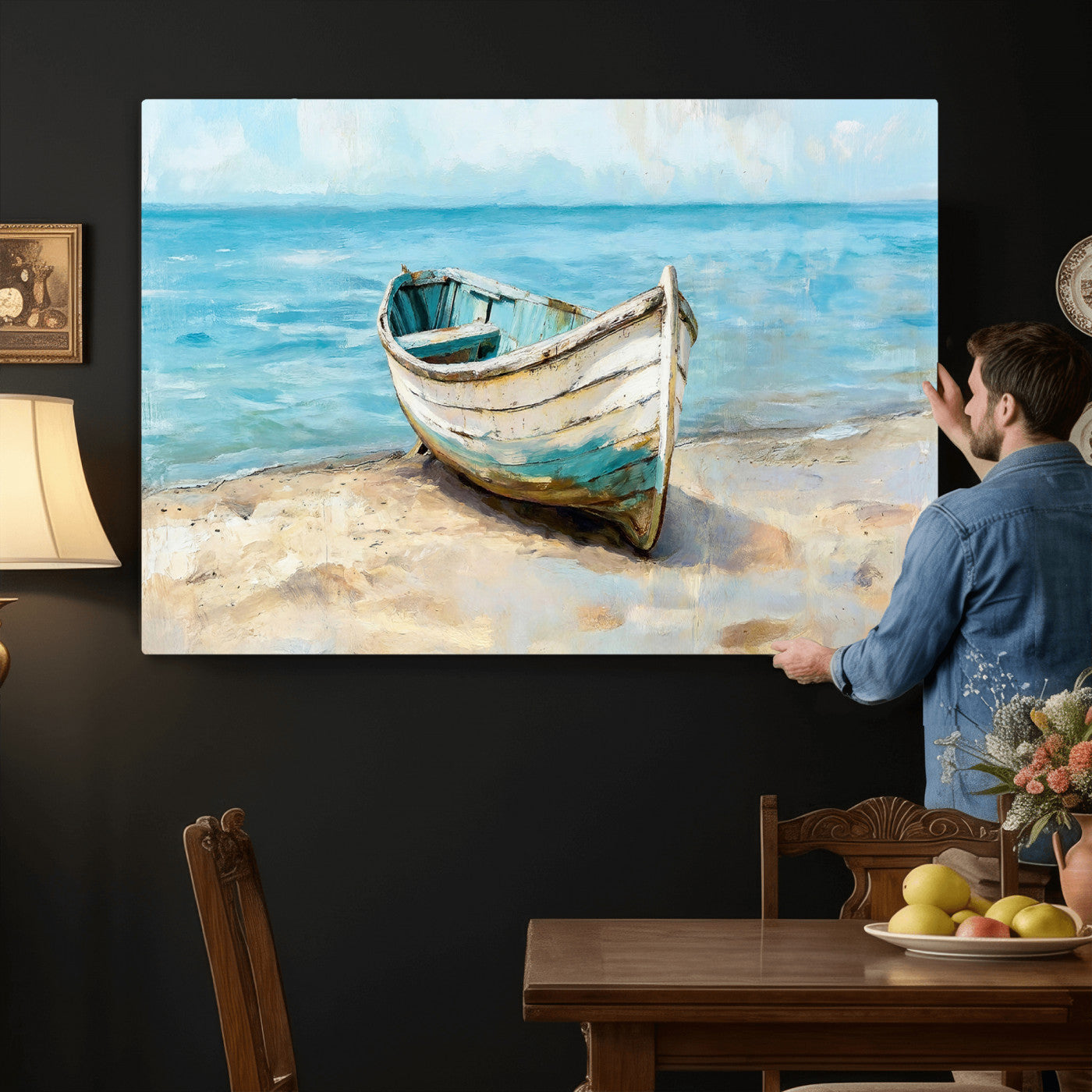 14780565-MGV-CV-36X24 - Coastal Boat Canvas Wall Art Print, Beach Boat Painting, Nautical Ocean Decor, Seascape Wall Art, Ready to Hang