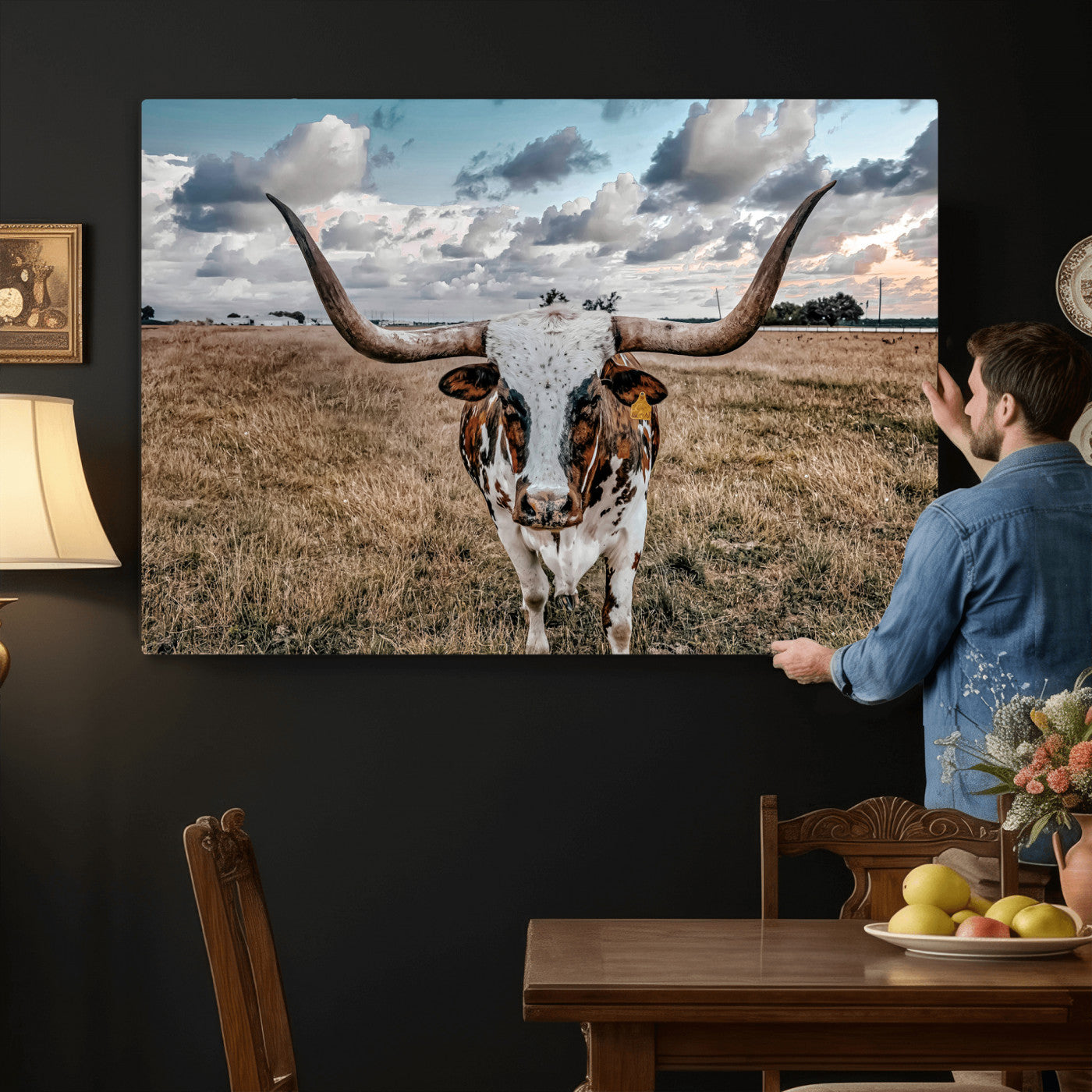 17464823-MGV-CV-36X24 - Texas Longhorn Canvas Wall Art Print - Western Cow Photography, Rustic Ranch Decor, Farmhouse Wall Art, Ready to Hang