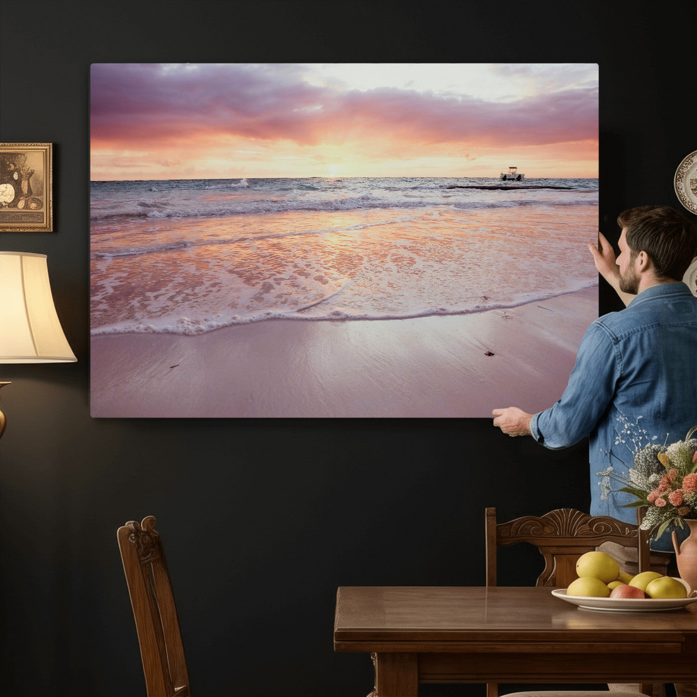 44765395-MGV-CV-36X24 - Beach Sunset Canvas Wall Art Print, Ocean Waves Landscape, Coastal Photography, Seascape Wall Decor, Ready to Hang