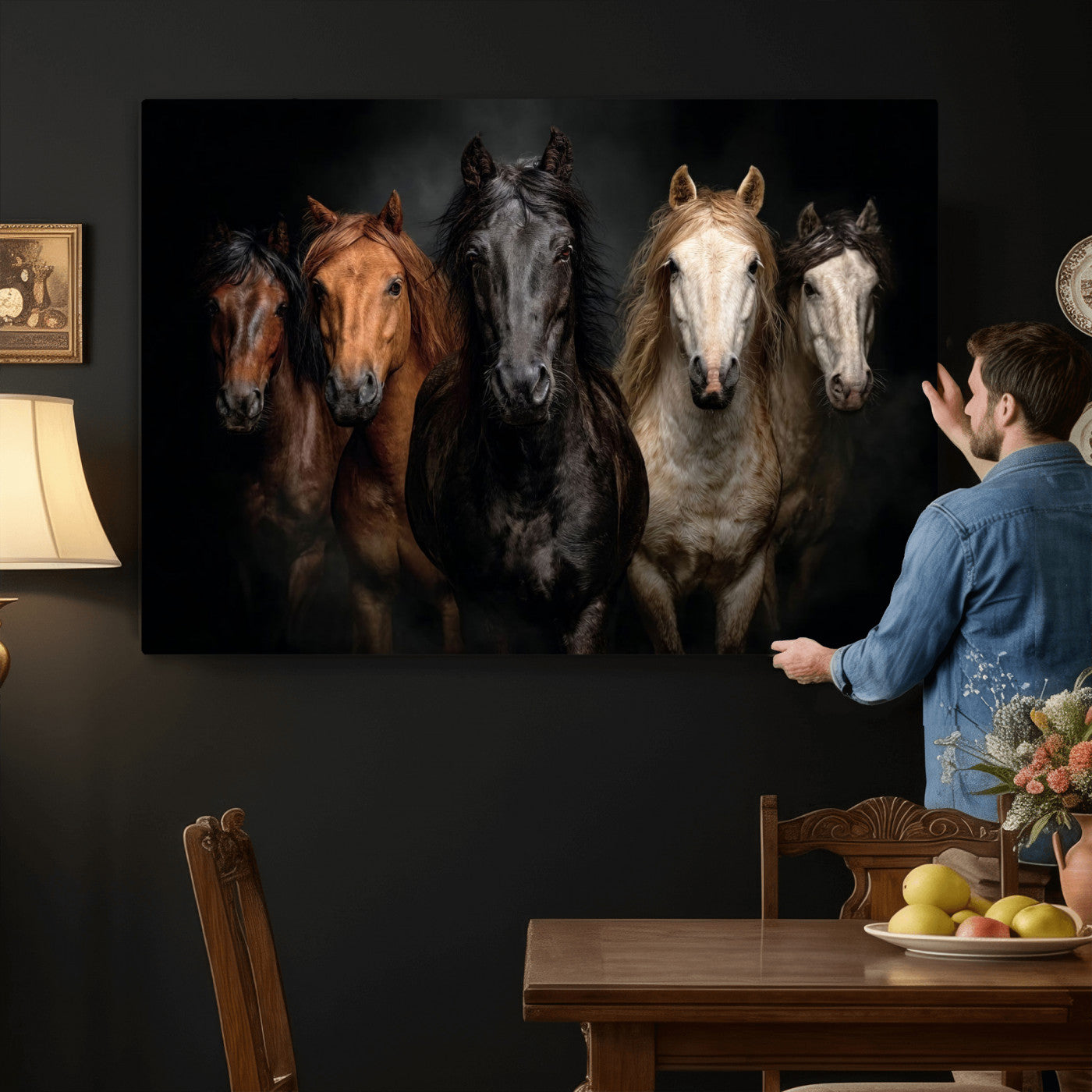 77696206-MGV-CV-36X24 - Horse Wall Art Canvas Print, Wild Horses Portrait Photography, Animal Horse Decor, Black Brown White Horse Herd, Rustic Ranch Art
