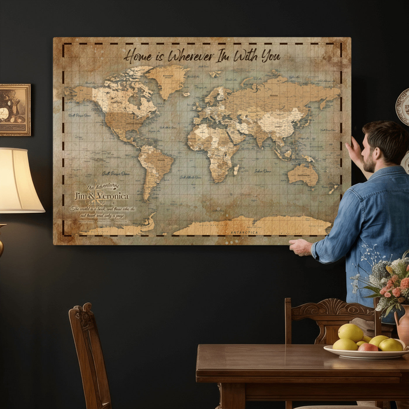 97123877-MGV-CV-36X24 - Vintage Custom Push Pin World Map Print - Vintage Travel Map Canvas, Personalized Names Anniversary Gift, Places Visited Pin Board