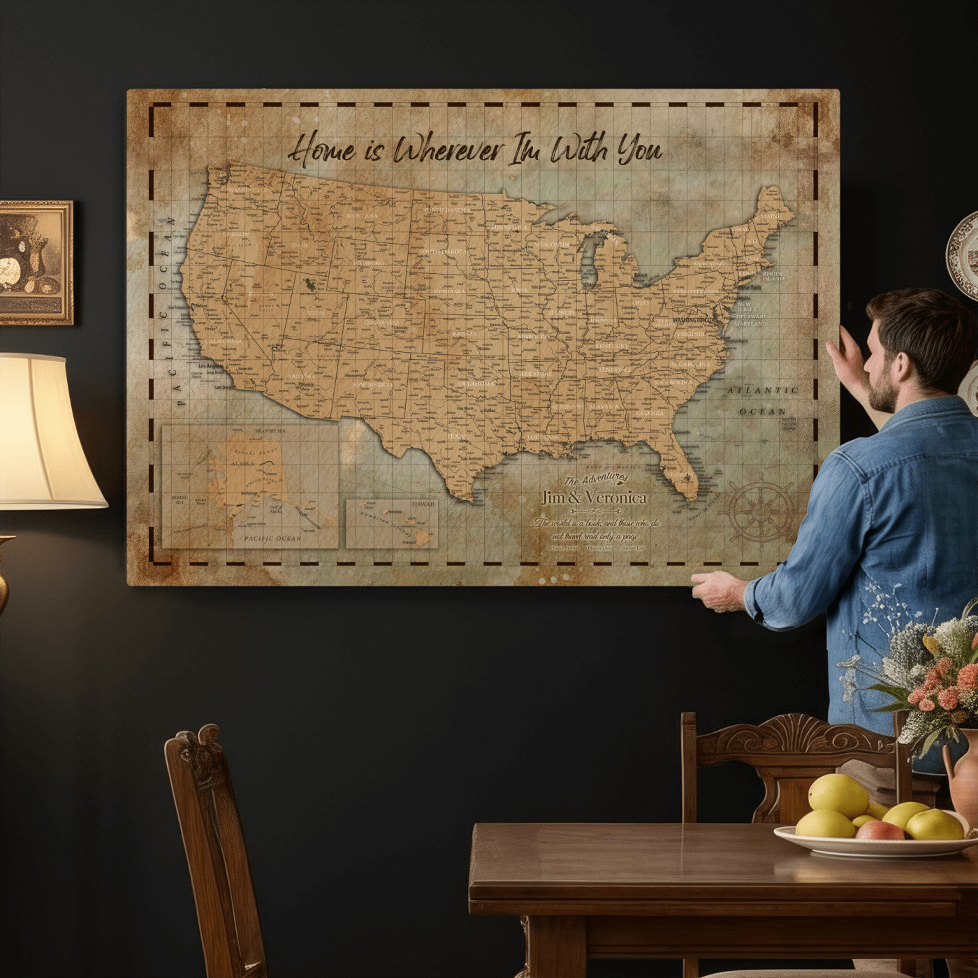 87620242-MGV-CV-36X24 - Personalized USA Push Pin Travel Map, Custom United States Map, Push Pin Map, USA Bucket List Map, Anniversary Gift, Couple Travel Map Wall Art