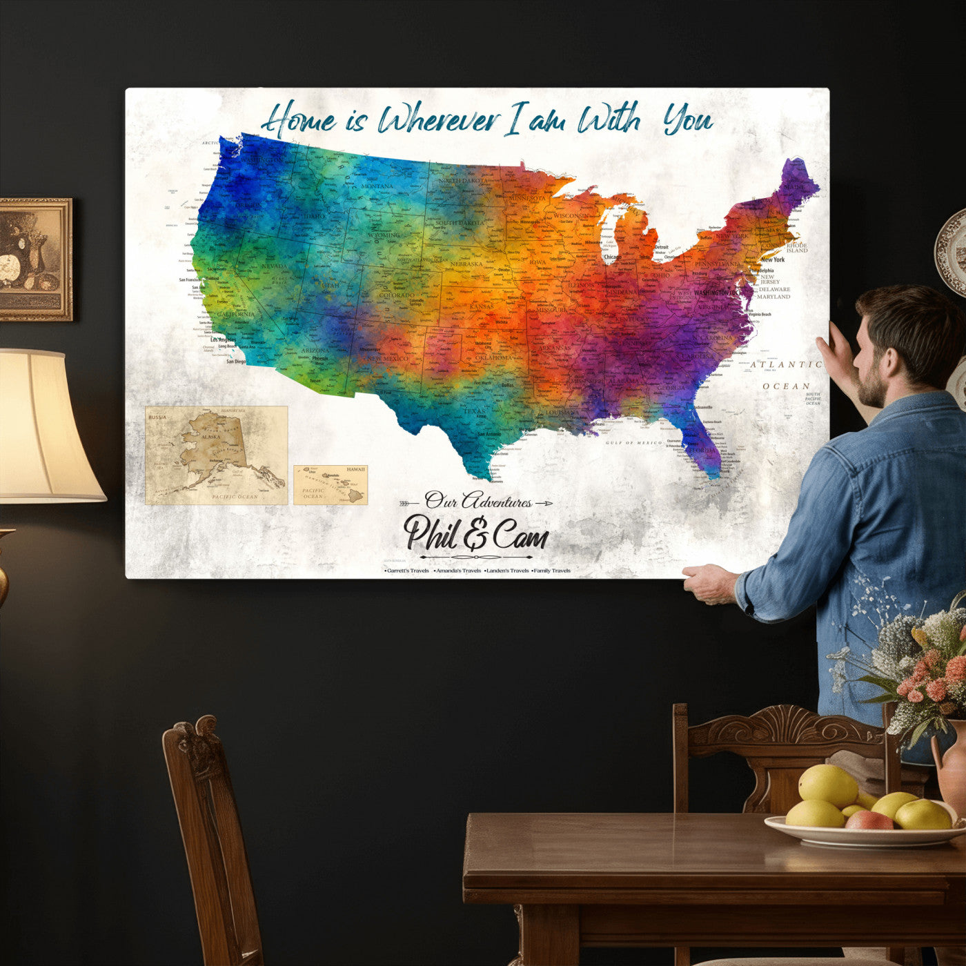 17251793-MGV-CV-36X24 - Watercolor USA Travel Map with Pins Colorful Modern Canvas Wall Art