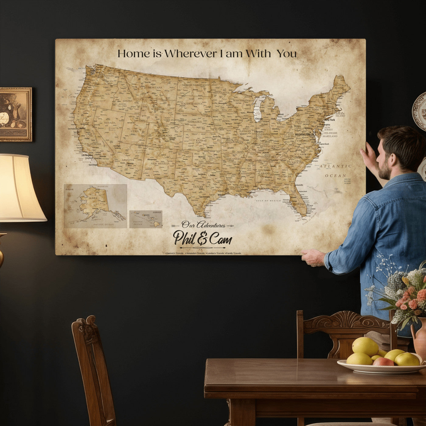 80624553-MGV-CV-36X24 - Personalized USA Push Pin Travel Map Canvas Wall Art Custom Family Gift