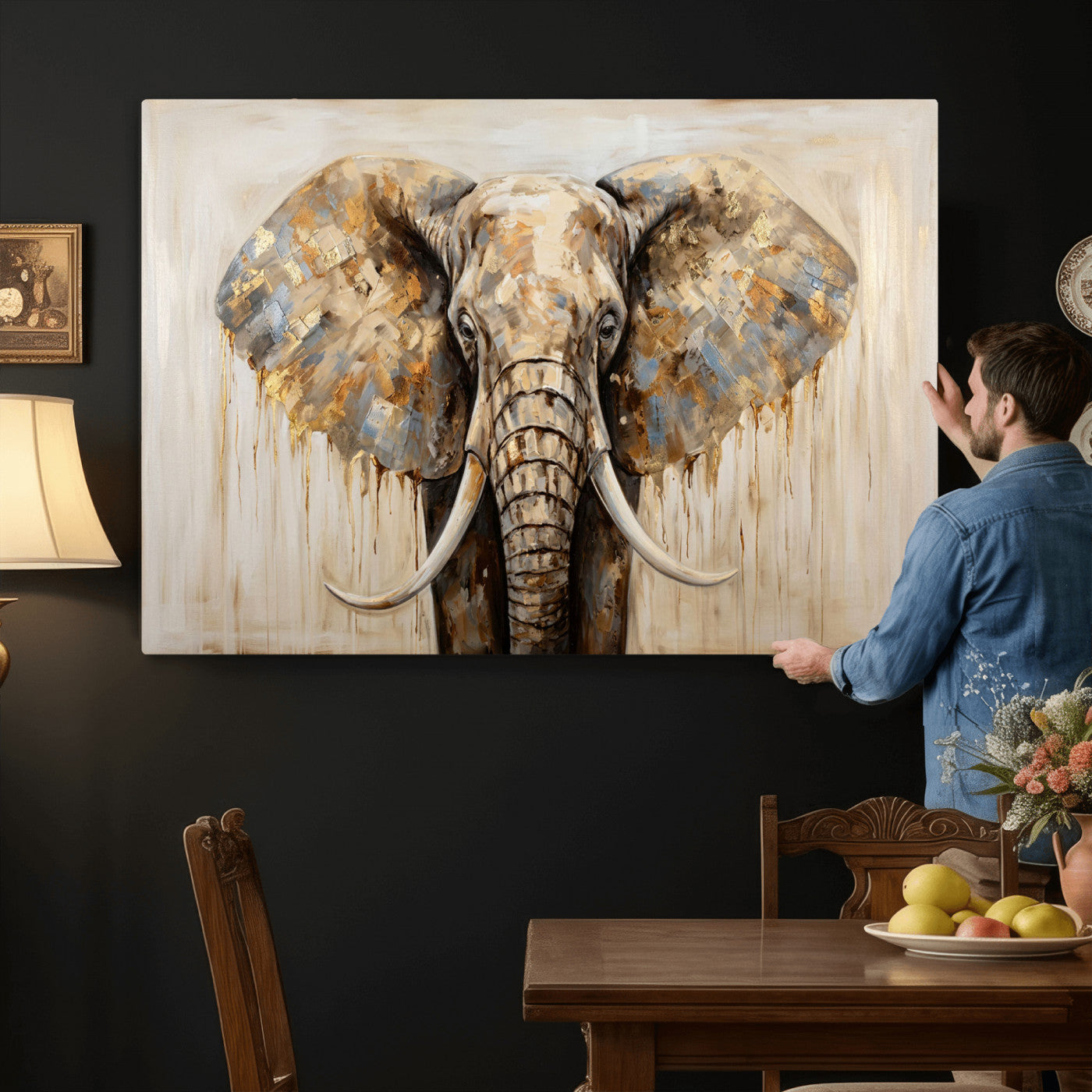 95819221-MGV-CV-36X24 - Gold Leaf Elephant Canvas Wall Art Abstract African Wildlife Painting Print