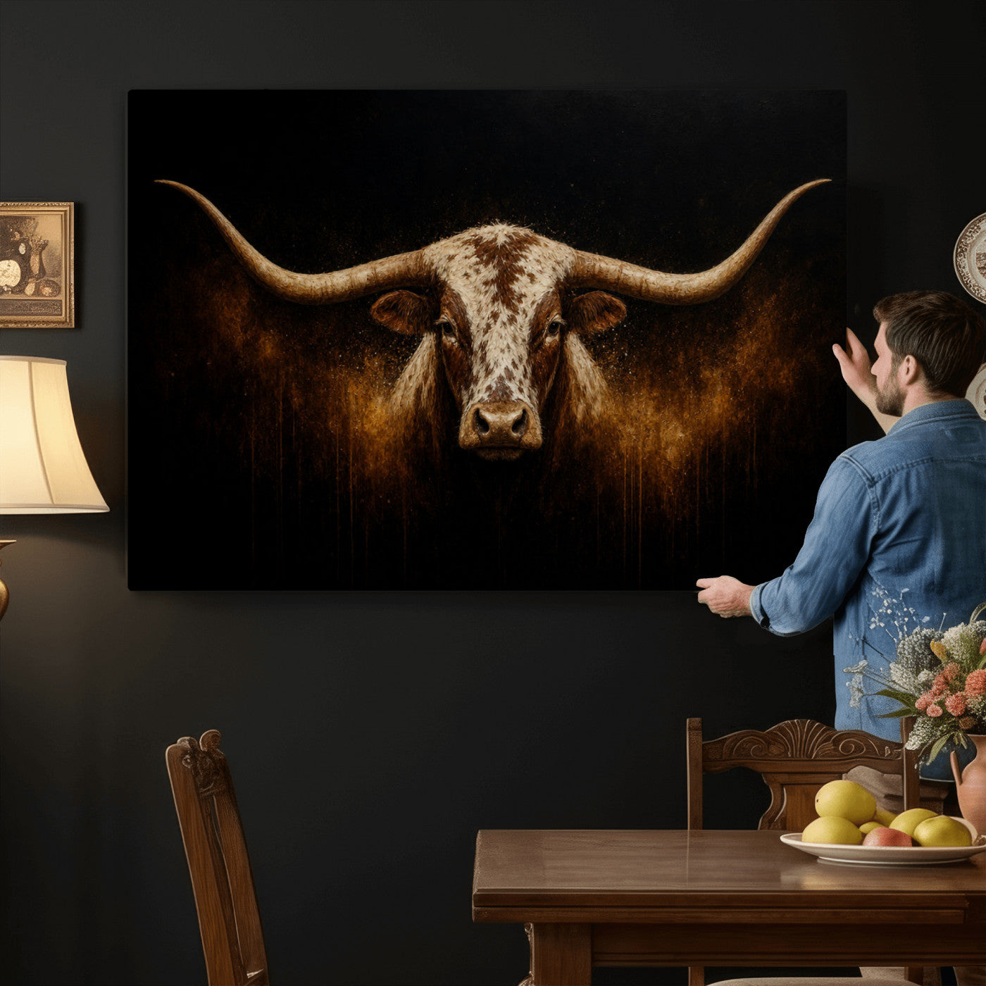 12628958-MGV-CV-36X24 - Texas Longhorn Canvas Wall Art Moody Western Bull Oil Painting Print