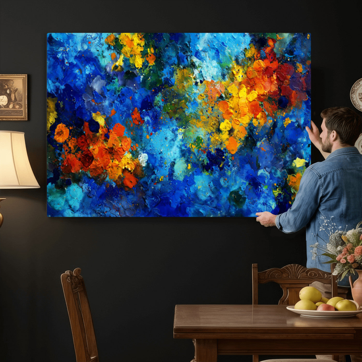 52431611-MGV-CV-36X24 - Vibrant Blue Abstract Canvas Wall Art Colorful Impasto Oil Painting Print