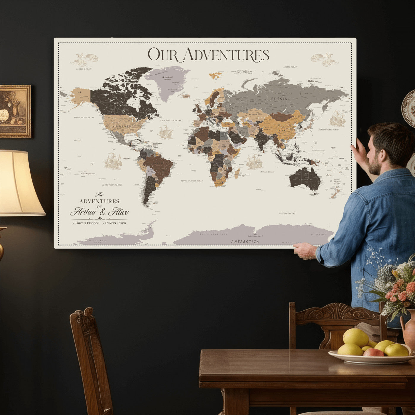 58777746A-MGV-CV-36X24 - Push Pin Customize World Map Wall Art Canvas Print, Modern Decorative Framed Map Artwork Prints for Living Room, Office, Bedroom Wall Decor