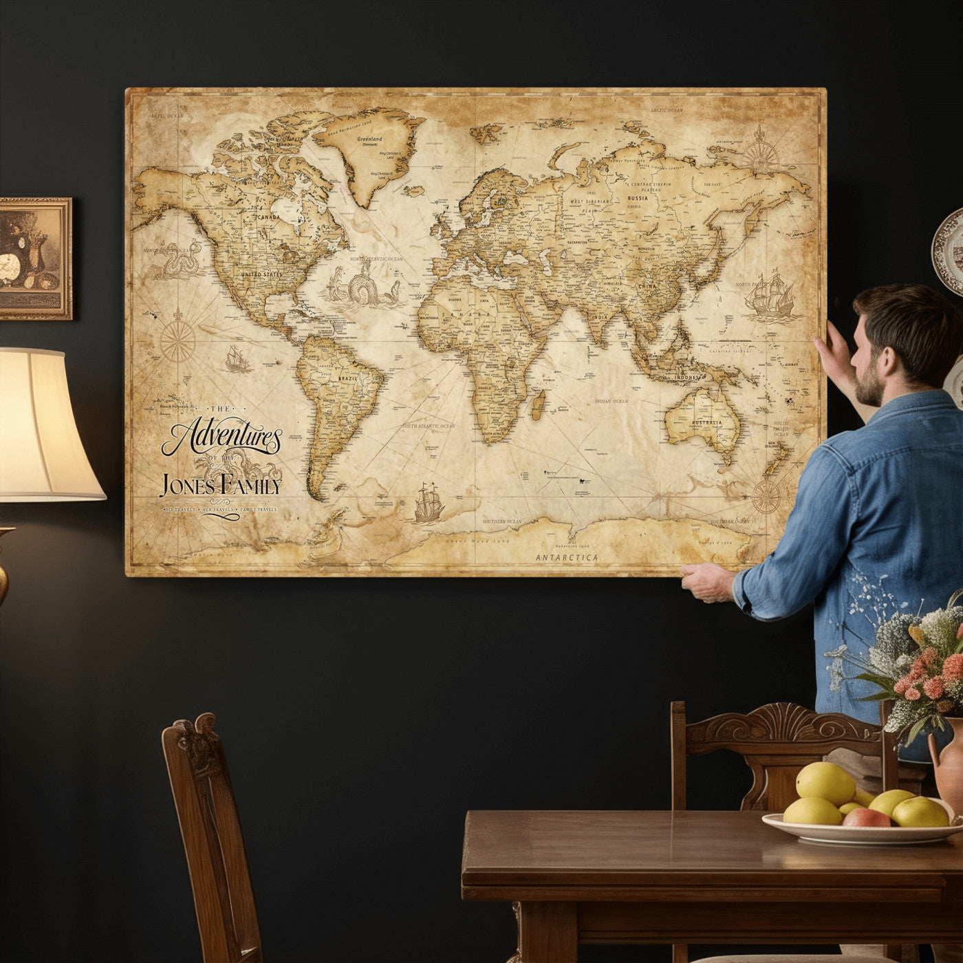 60956619-MGV-CV-36X24 - Custom Push Pin World Map Canvas Print β Personalized Travel Map Wall Art
