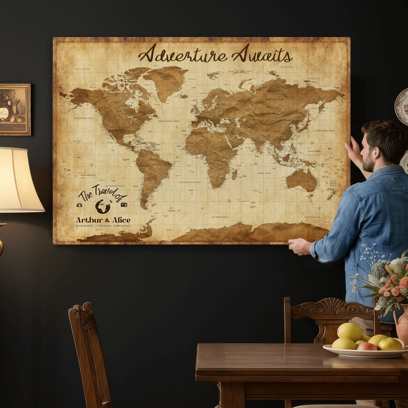 43427501-MGV-CV-36X24 - Custom Push Pin World Map Canvas Print – Personalized Travel Map Wall Art