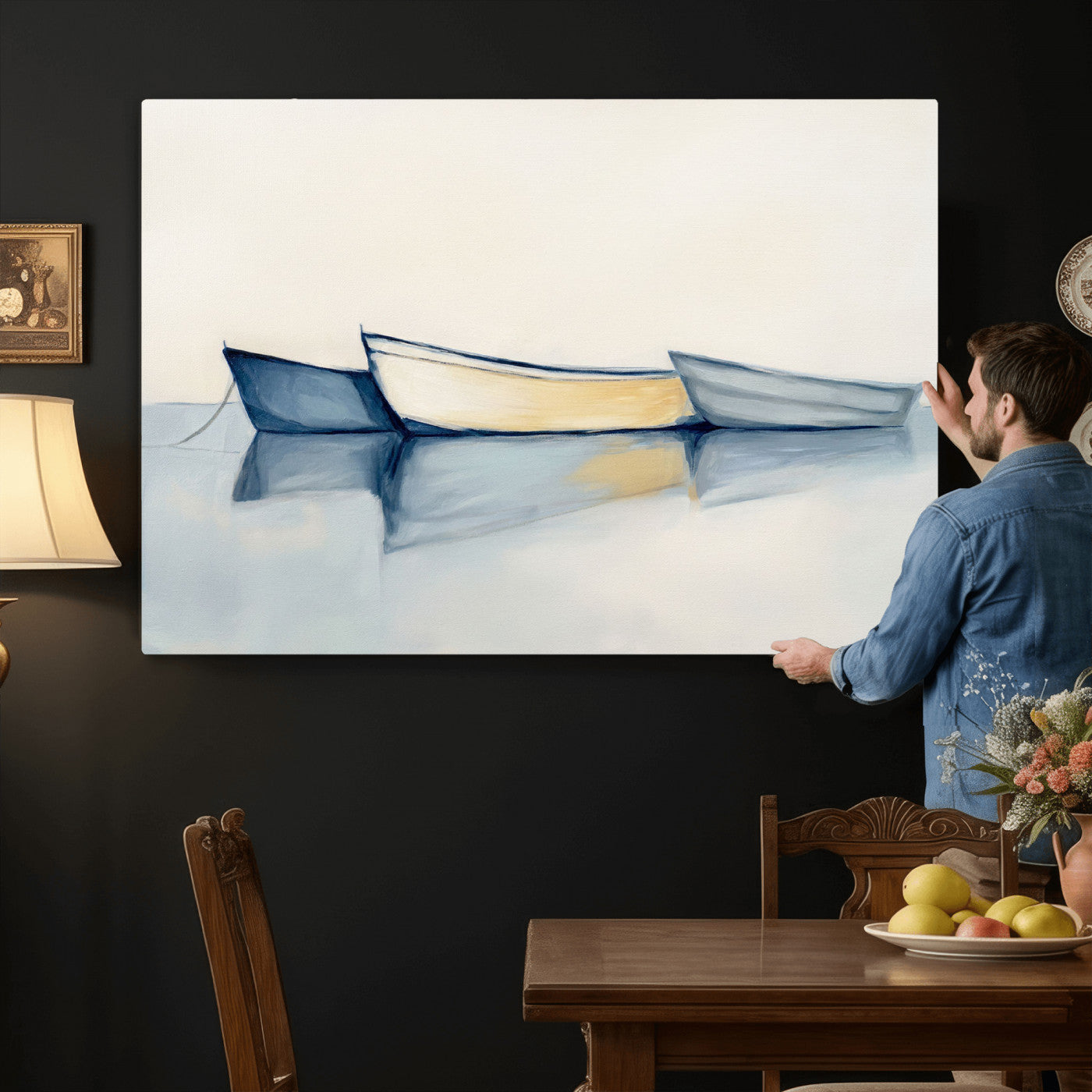 84017361-MGV-CV-36X24 - Abstract Three Boats Reflecting on Water Wall Art Canvas Print - Minimalist Coastal Seascape