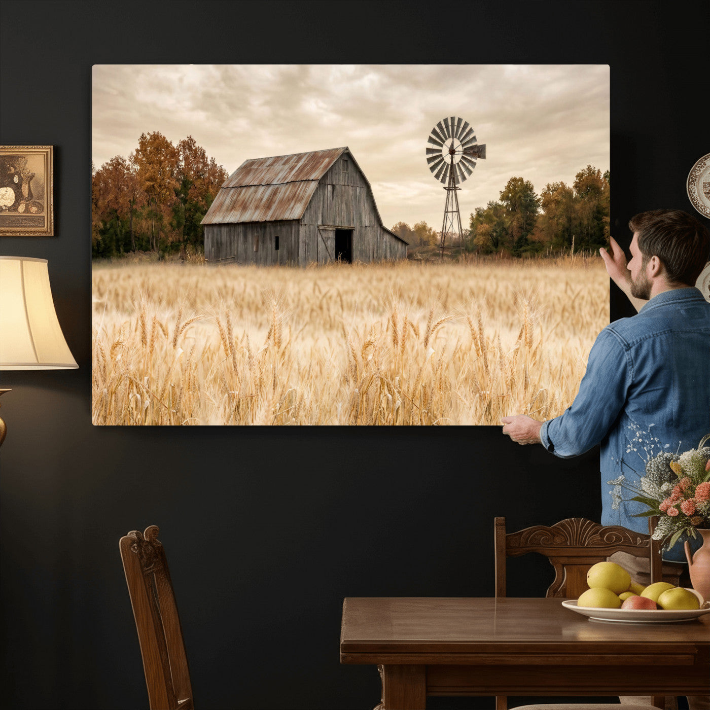 99640659-MGV-CV-36X24 - Rustic Farmhouse Barn and Windmill Wall Art Canvas Print, Country Landscape Photography Print