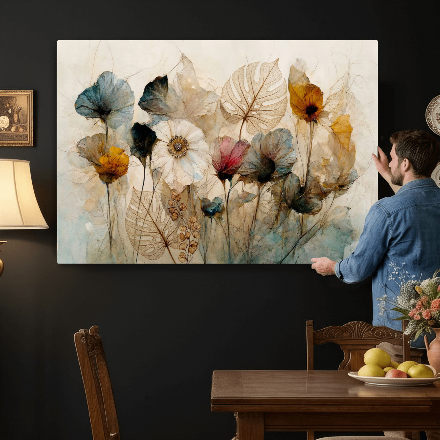 93171612-MGV-CV-36X24 - Vintage Dried Floral Meadow Wall Art Canvas Print, Translucent Watercolor Flowers Painting Print