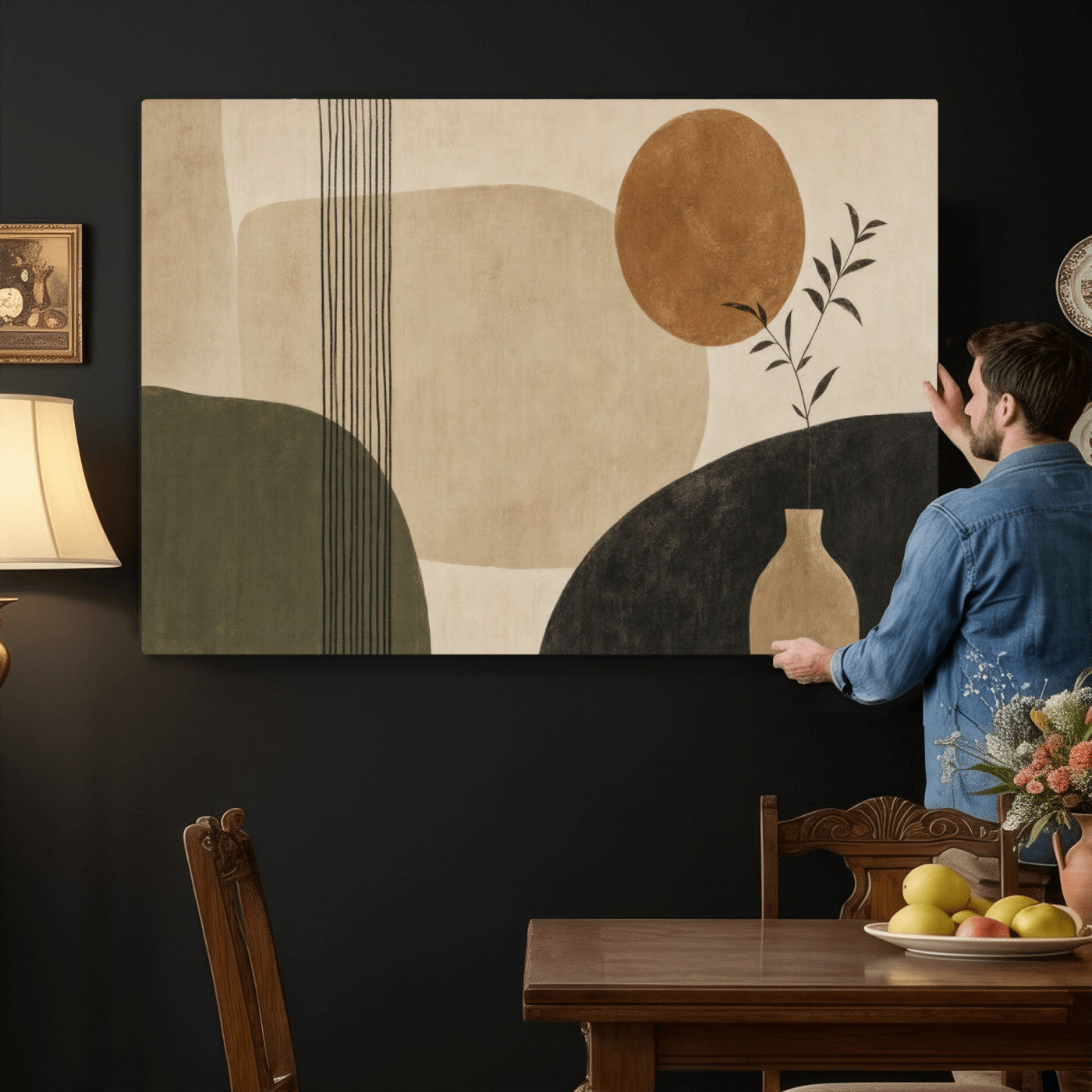 29113684-MGV-CV-36X24 - Japandi Minimalist Abstract Wall Art Canvas Print, Sage Green and Terracotta Sun Botanical Painting Print