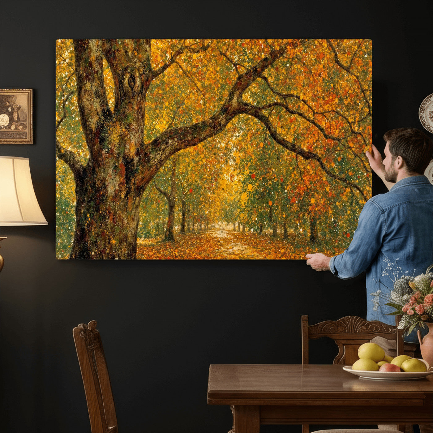 11536138-MGV-CV-36X24 - Vintage Autumn Forest Path Wall Art Canvas Print, Golden Leaves Impressionist Painting Print