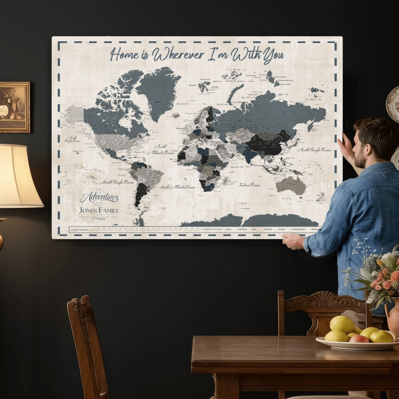 400867164-MGV-CV-36X24 - Framed Blue Custom Push Pin World Map Canvas Print – Personalized Travel Map Wall Art