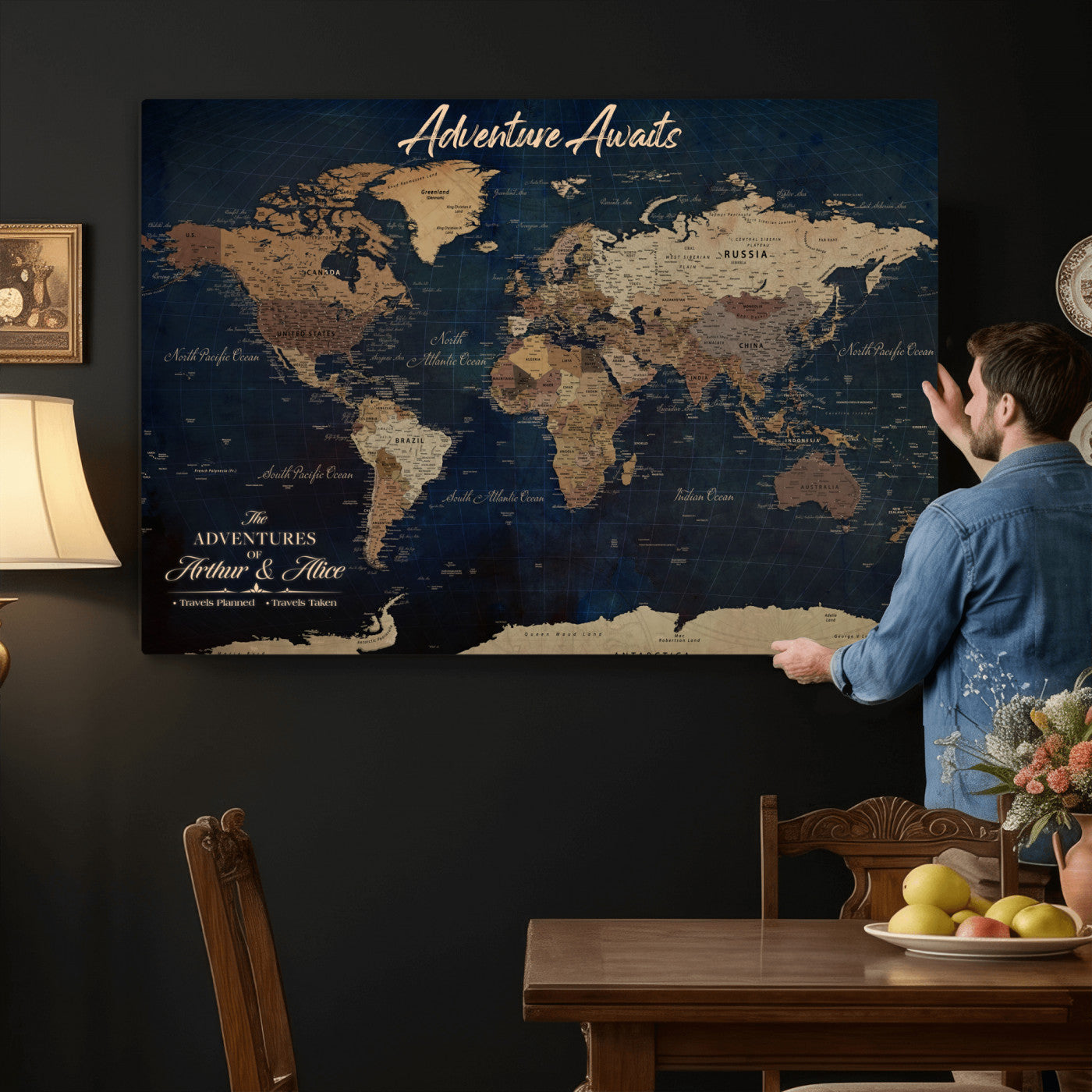 74477969-MGV-CV-36X24 - Custom Push Pin World Map Canvas | Personalized Travel Tracker | Wedding Anniversary Gift for Couples | Adventure Map Wall Art with Pins