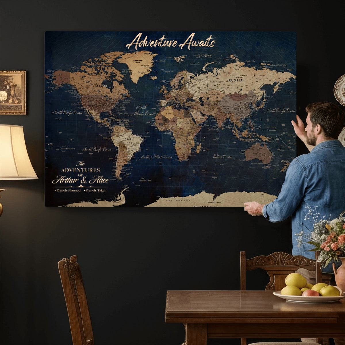 74477969-MGV-CV-36X24 - Custom Push Pin World Map Canvas | Personalized Travel Tracker | Wedding Anniversary Gift for Couples | Adventure Map Wall Art with Pins