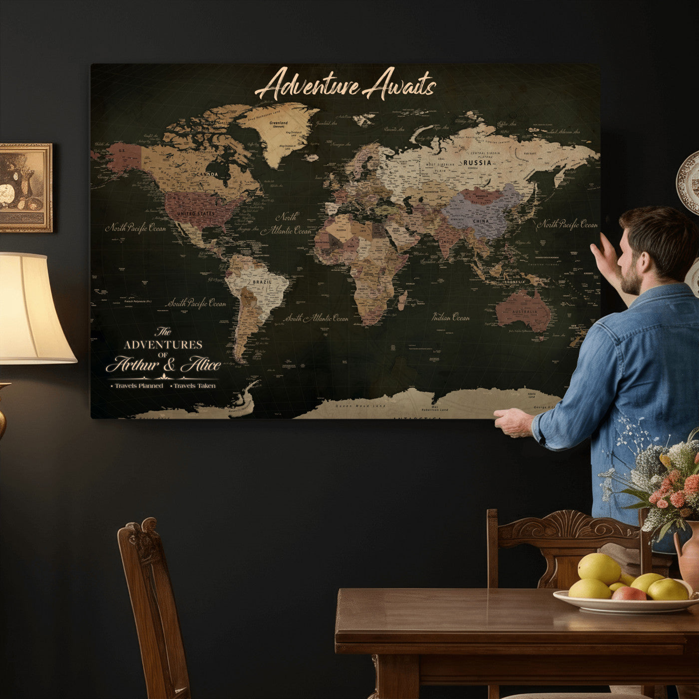 46935759-MGV-CV-36X24 - Custom Push Pin World Map Canvas | Personalized Travel Tracker | Wedding Anniversary Gift for Couples | Adventure Map Wall Art with Pins