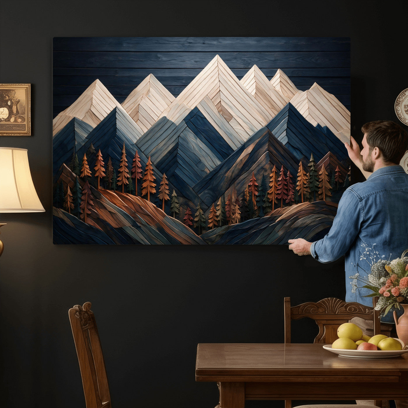 87765072-MGV-CV-36X24 - Geometric Wood Mountain Wall Art Canvas Print, 3D Look Rustic Mosaic Landscape Print