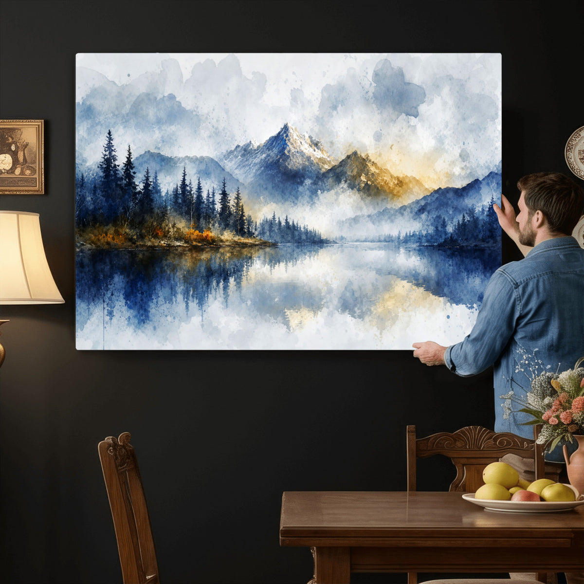 62076449DG-MGV-CV-36X24 - Abstract Watercolor Mountain Lake Wall Art Print for Living Room Decor