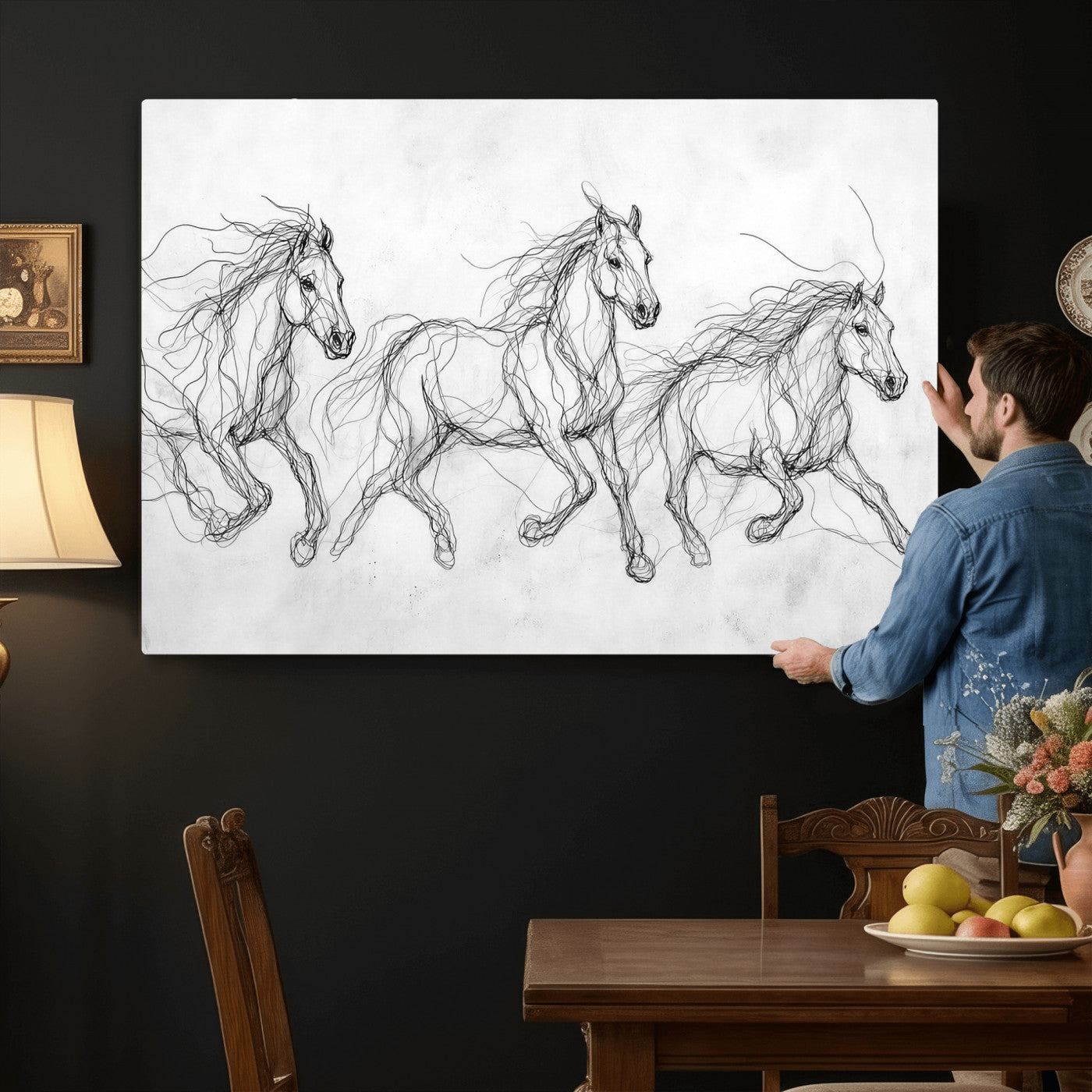 53600119-MGV-CV-36X24 - Monochrome Horse Canvas Wall Art, Black Ink Sketch Wild Horses Print, Minimalist Equestrian Artwork, Modern Abstract Line Decor, Urban Loft Gift