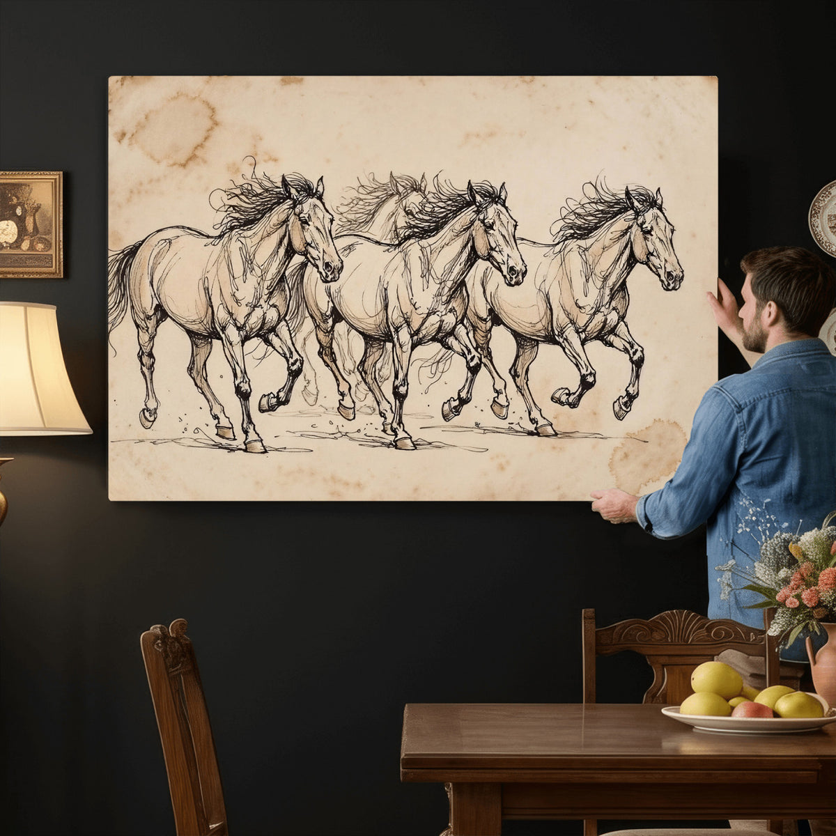 18242163-MGV-CV-36X24 - Vintage Horse Sketch Canvas Wall Art, Wild Horses Pencil Drawing Print, Antique Parchment Western Decor, Equine Sketching, Country Manor Gift