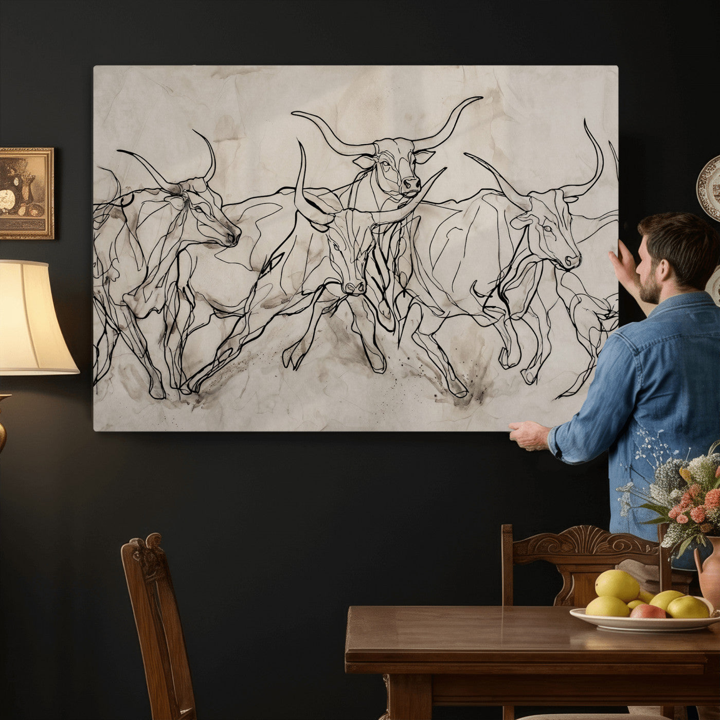 16671245-MGV-CV-36X24 - Minimalist Longhorn Line Art, Modern Texas Bull Canvas Print, Abstract Western Wall Decor, Continuous Line Artwork, Black White Ranch Gift