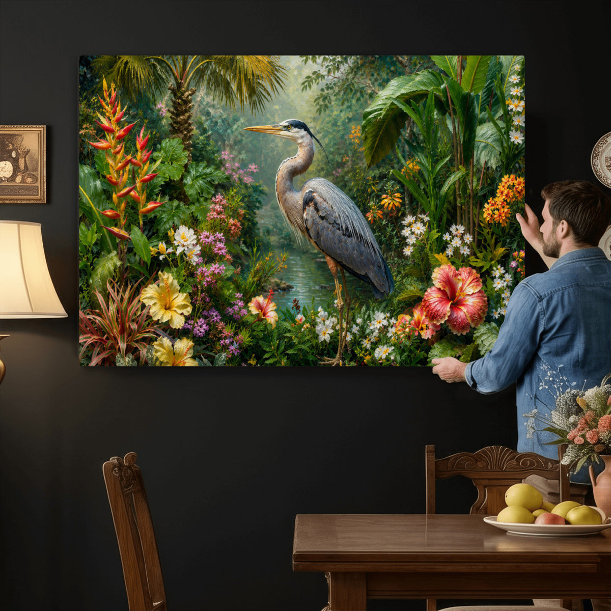 81059387-MGV-CV-36X24 - Great Blue Heron Tropical Jungle Wall Art Canvas Print, Exotic Botanical Garden Painting Print