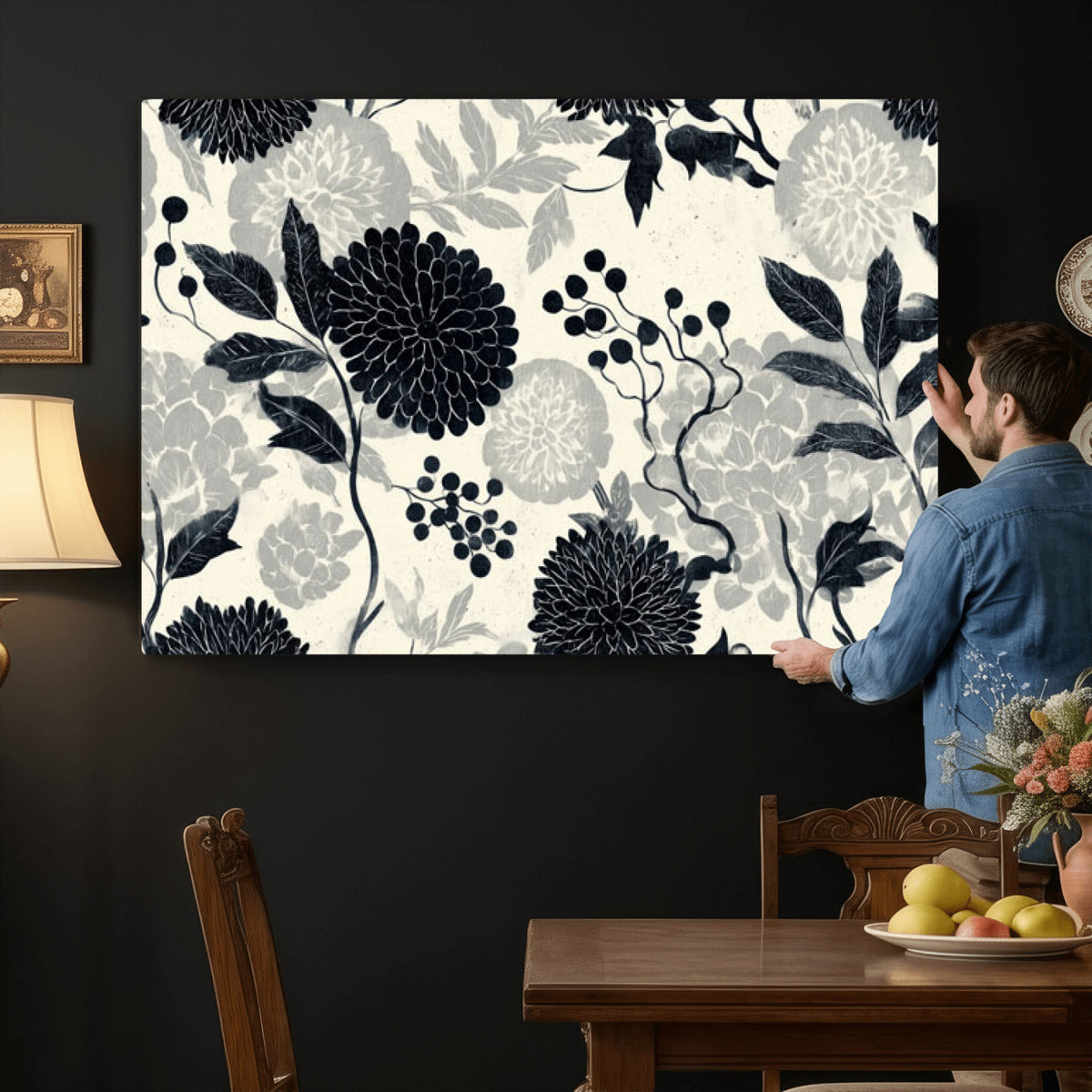 61524791-MGV-CV-36X24 - Vintage Black Chrysanthemum Wall Art Canvas Print, Monochrome Dhalia Floral Painting Print