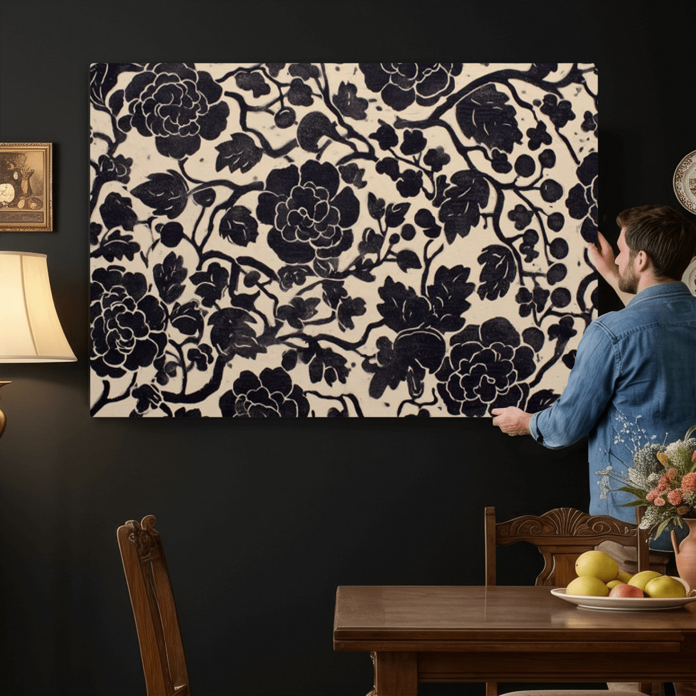 86696255-MGV-CV-36X24 - Vintage Black and Cream Floral Wall Art Canvas Print, Chinoiserie Botanical Painting Print