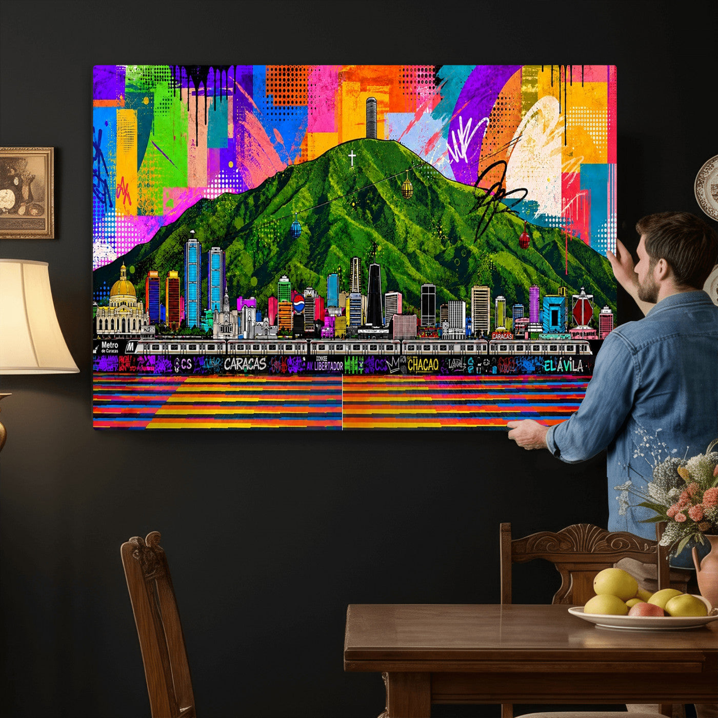 86696255-MGV-CV-36X24 - Mount Ávila, Caracas, Venezuela Wall Art Print by Artist Yorlette - Graffiti Caracas Skyline Canvas Art, Colorful Street Artwork - Venezuela El Avila Poster Print