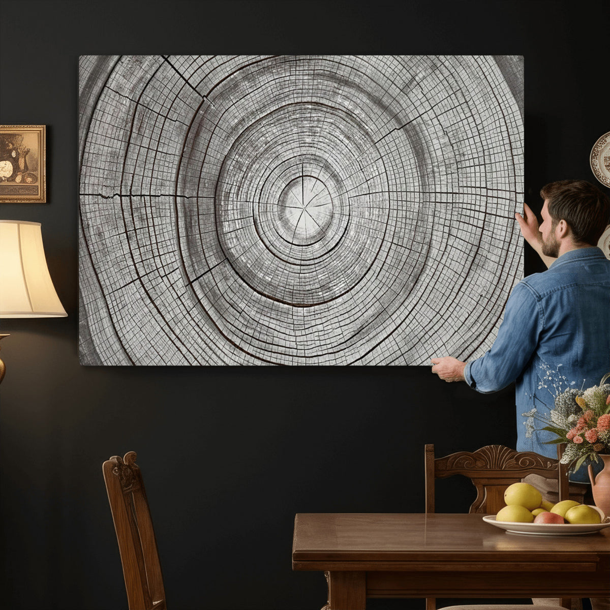 62842388-MGV-CV-36X24 - Rustic Tree Ring Canvas Wall Art, Gray Wood Slice Abstract Nature Print