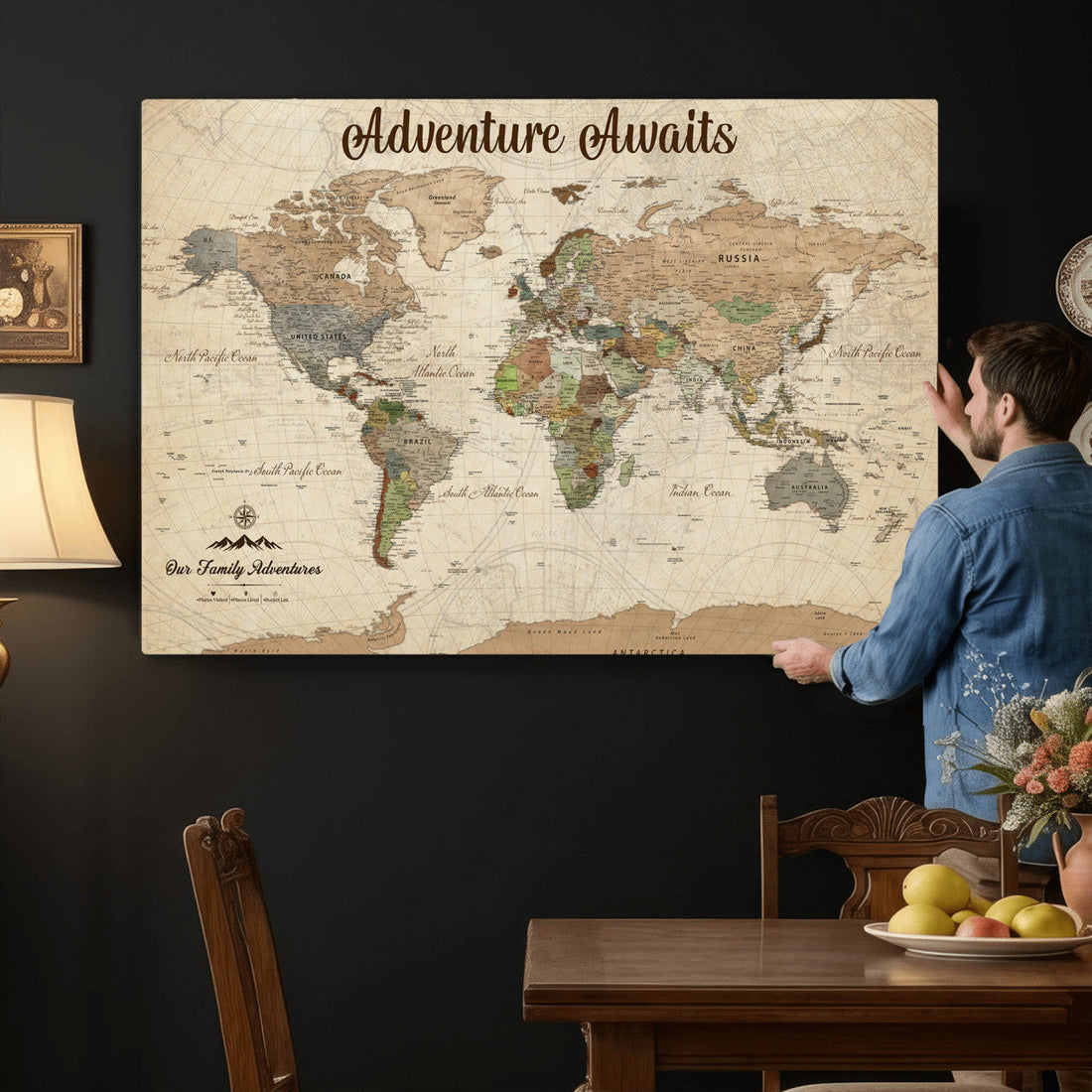 Family Vacation Tracker Canvas, Personalized World Map with Push Pins