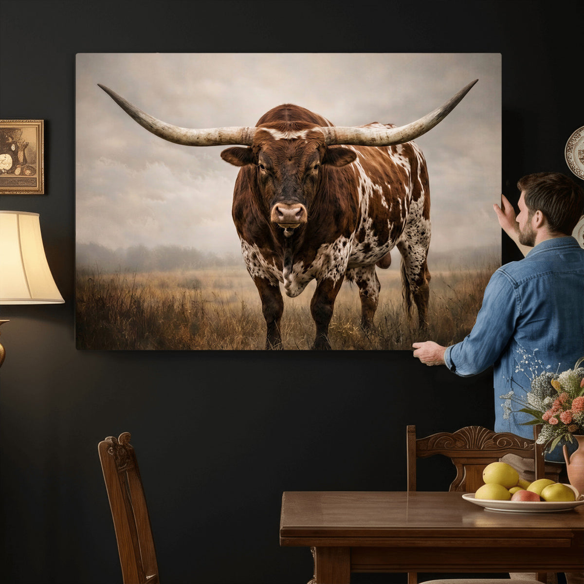 25239047A-MGV-CV-36X24 - Texas Longhorn Canvas Wall Art Western Bull Desert Moody Grey Overcast Rustic Farmhouse Framed Large for Living Room Bedroom Office Decor