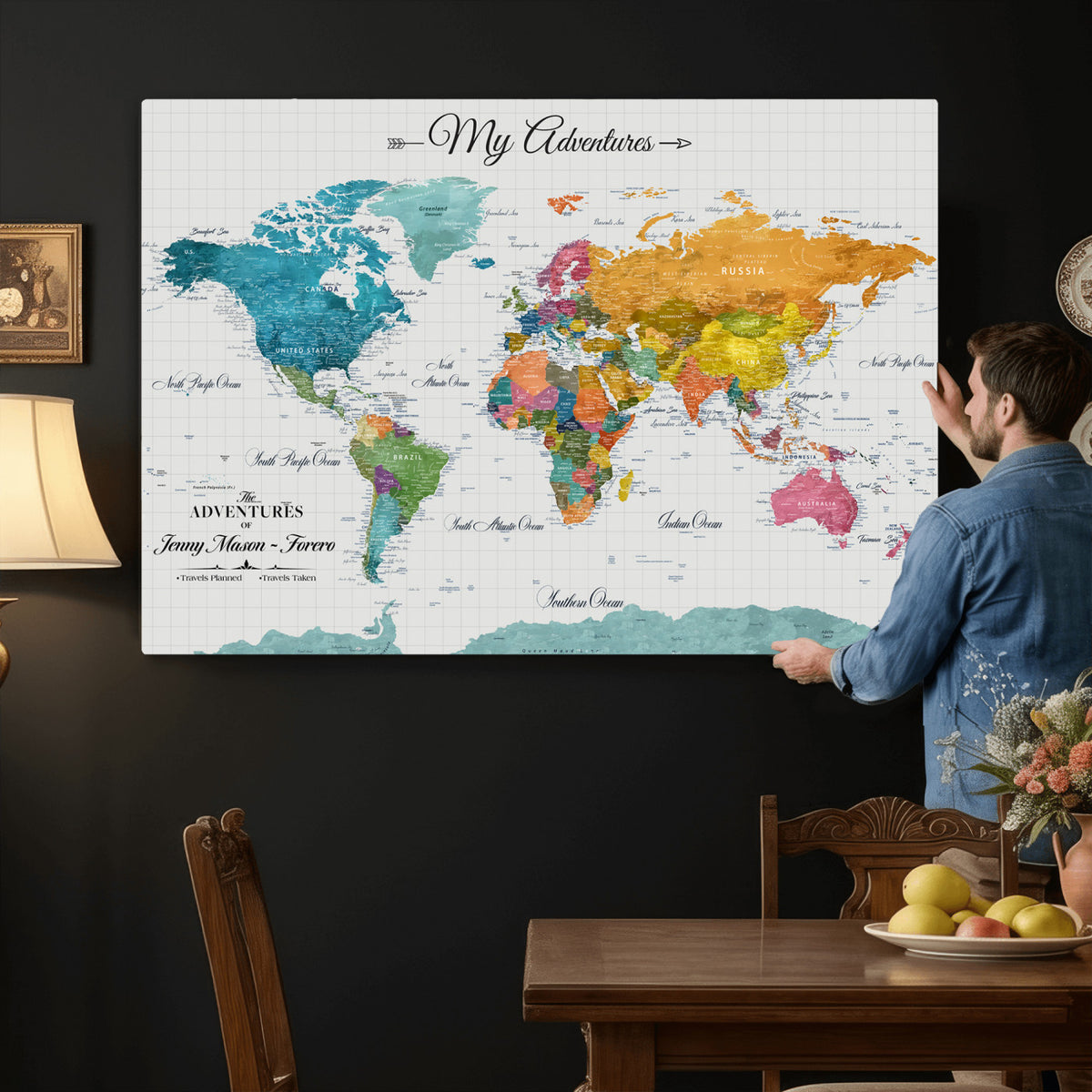 66743043-MGV-CV-36X24 - Extra Large Framed Personalize Push Pin World Map Wall Art Canvas Print for Travel Tracking