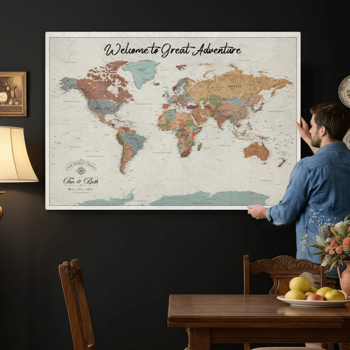 NEWMAP-19-MGV-CV-36X24 - World Map Wall Art Canvas Print, Modern Decorative Framed Map Artwork Prints for Living Room, Office, Bedroom Wall Decor