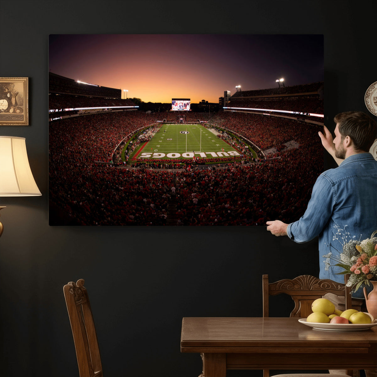 97720998-_Poster-30x20 - Georgia Bulldogs Stadium Sunset Canvas Print 3 Piece Framed Wall Art Extra Large Floating Frame Sports Poster Made in USA